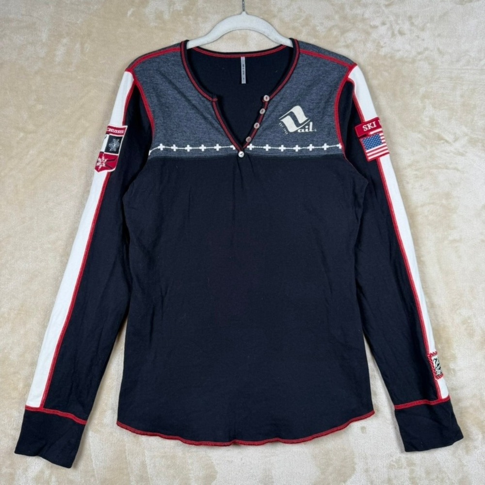Alp-n-Rock Womens Size 4 Vail Colorado Ski USA Henley Long Sleeve Top Black